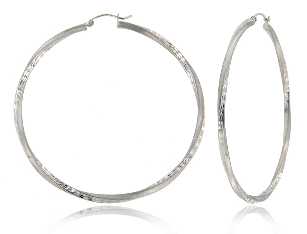 10k White 2.5x60mm Twist Stone Finish Diamond Cut Tube Earring